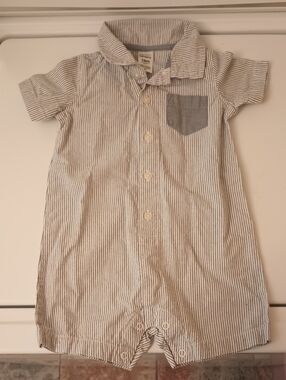 Carter's 100%cotton White and Blue Striped Romper with Solid Pocket